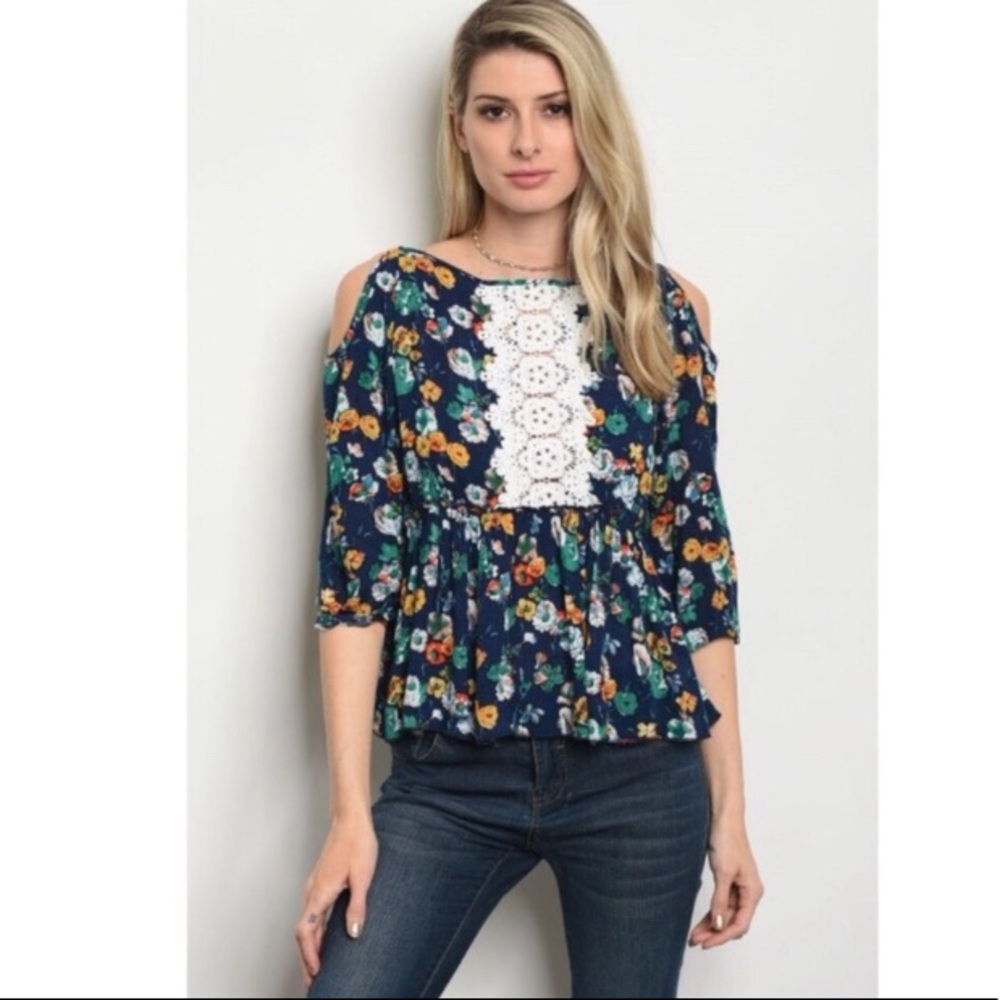 🆕 Navy Floral Cold Shoulder Top